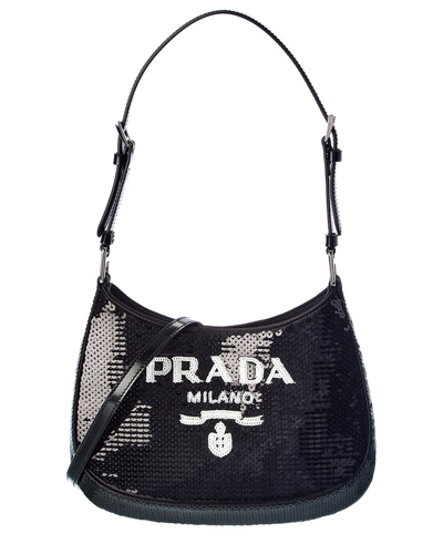 Shop Prada Cleo Sequined Satin Shoulder Bag In Black