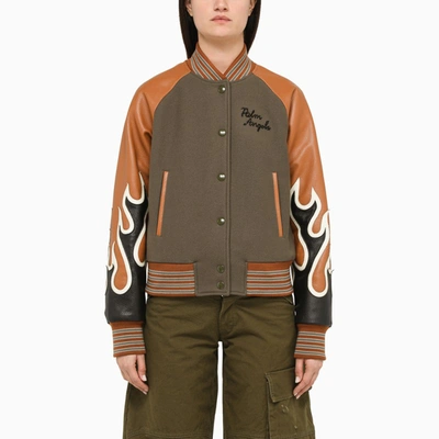 Shop Palm Angels Military Bomber Jacket With Leather Sleeves In Green