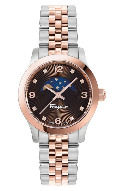 Shop Ferragamo Duo Moon Phase Bracelet Watch, 28mm In Ip Rose Gold/ Stainless Steel