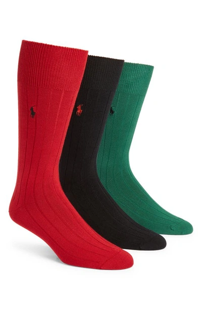 Shop Polo Ralph Lauren Ralph Lauren 3-pack Supersoft Ribbed Socks In Green/ Black/ Red