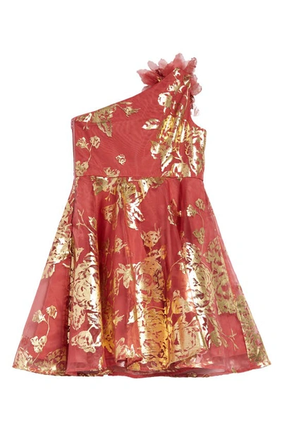 Shop Marchesa Kids' Jackson Floral Foil One-shoulder Dress In Coral
