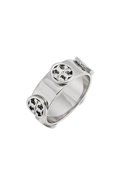 Shop Tory Burch Delicate Logo Ring In Tory Silver
