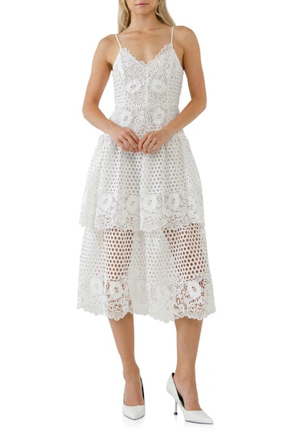 Shop Endless Rose Tiered Floral Lace Midi Dress In White