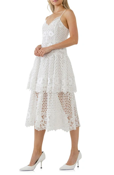 Shop Endless Rose Tiered Floral Lace Midi Dress In White