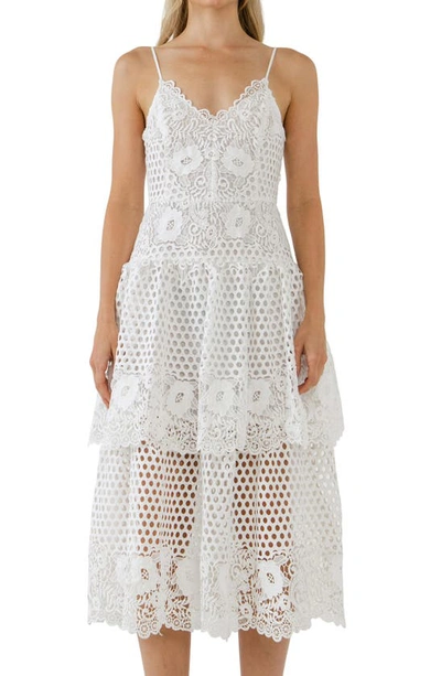 Shop Endless Rose Tiered Floral Lace Midi Dress In White