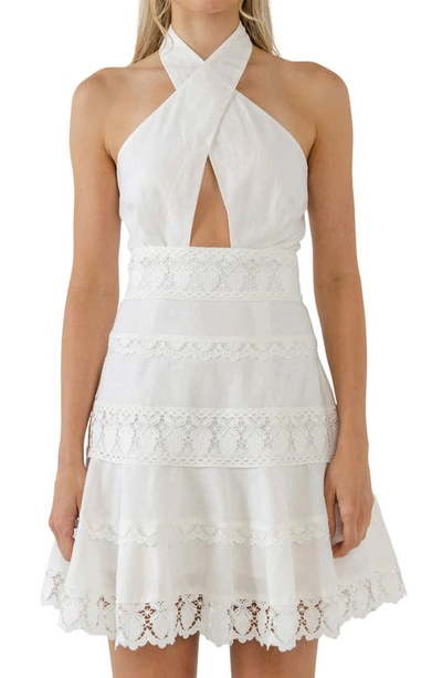 Shop Endless Rose Halter Lace Trim Cotton & Linen Minidress In White