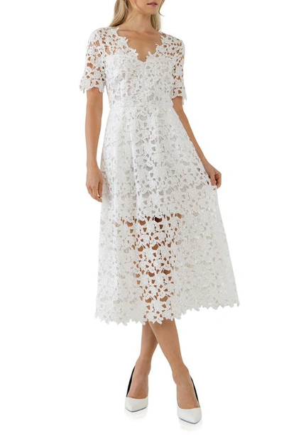 Endless Rose Sheer Lace Cut-out A-line Midi Dress In White