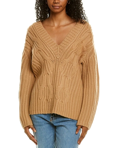 Shop Vince Cable Front V-neck Wool & Cashmere-blend Sweater In Brown