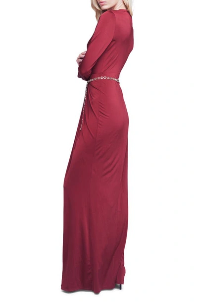 Shop L Agence Thea Twist Front Chain Long Sleeve Gown In Black Cherry
