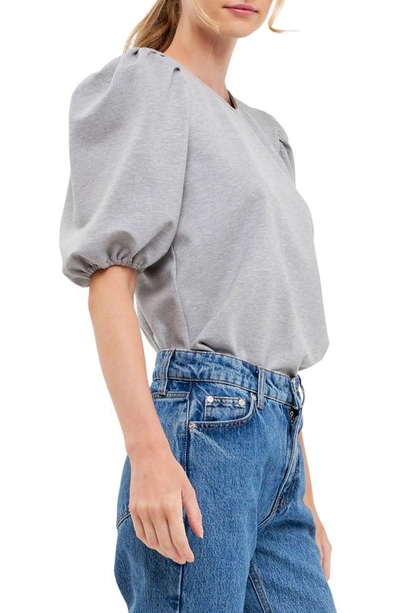English Factory Puff Sleeve Ponte Knit Top In Heather Grey