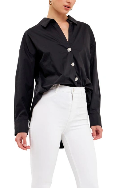 English Factory Imitation Pearl Button-up Cotton Shirt In Black