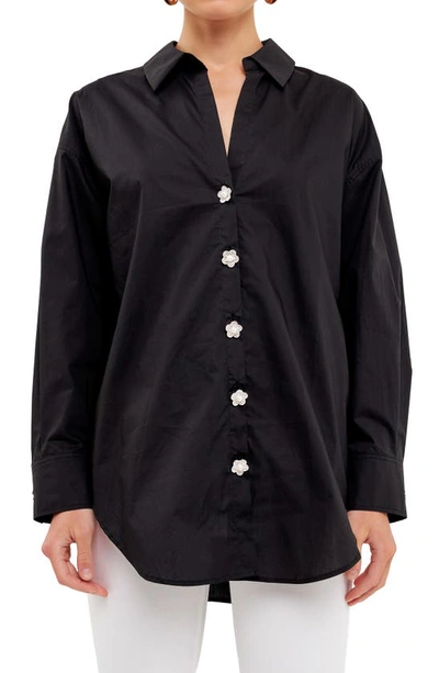 English Factory Imitation Pearl Button-up Cotton Shirt In Black