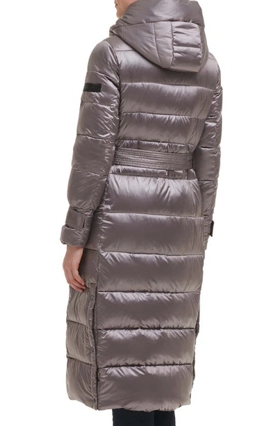 Shop Karl Lagerfeld Contrast Belted Longline Puffer Jacket In Gunmetal