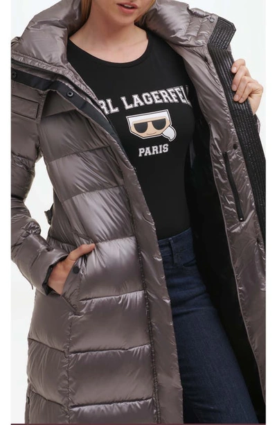 Shop Karl Lagerfeld Contrast Belted Longline Puffer Jacket In Gunmetal