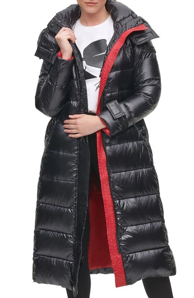 Shop Karl Lagerfeld Contrast Belted Longline Puffer Jacket In Black