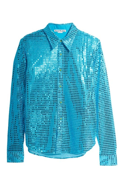 Shop Acne Studios Sequin Button-up Shirt In Turquoise Blue