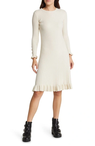 Shop Area Stars Ruffle Trim Ribbed Long Sleeve Cotton Sweater Dress In Ivory