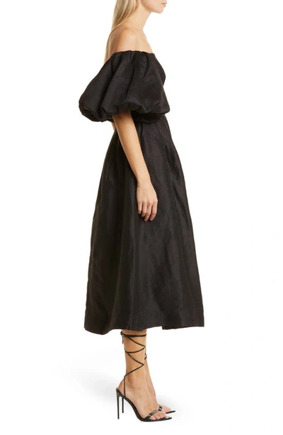 Shop Aje Eugenie Off The Shoulder Puff Sleeve A-line Linen Blend Midi Dress In Black
