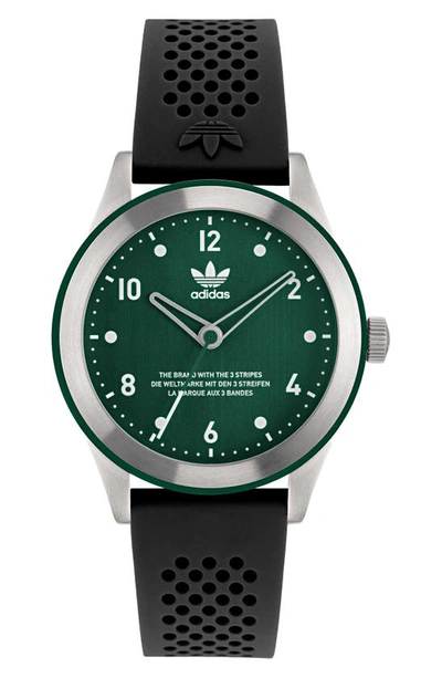 Shop Adidas Originals Code Three Silicone Strap Watch, 40mm In Silver/ Green/ Black