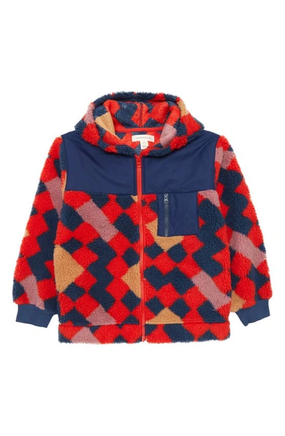Shop Treasure & Bond Kids' Geo Print Hooded High Pile Fleece Zip Jacket In Red Fiery Pop Quilt