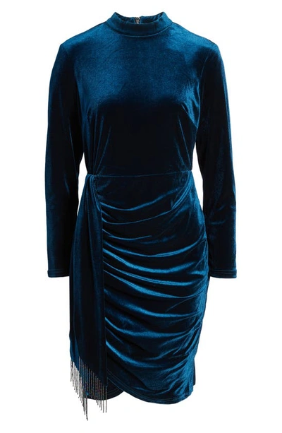 Shop Tahari Asl Beaded Drape Long Sleeve Stretch Velvet Dress In River Blue