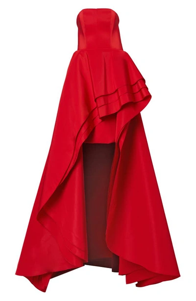 Shop Carolina Herrera Strapless Tiered Ruffle High-low Silk Gown In Poppy