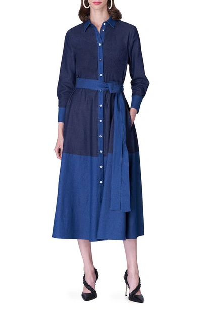 Shop Carolina Herrera Colorblock Long Sleeve Denim Shirtdress In Navy/ Multi