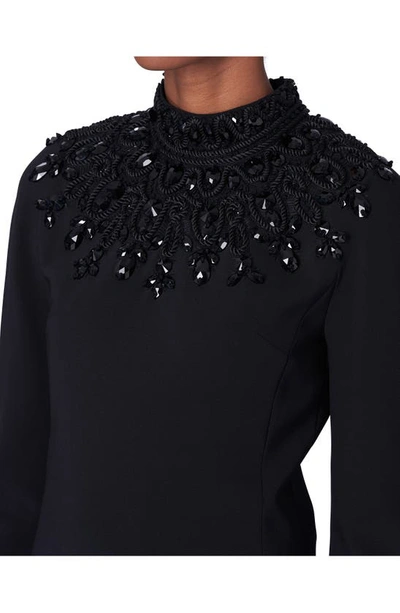 Shop Carolina Herrera Crystal Embroidery Long Sleeve Crepe Dress In Black