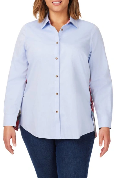 Shop Foxcroft Bennet Plaid Trim Cotton Button-up Shirt In Blue Wavee