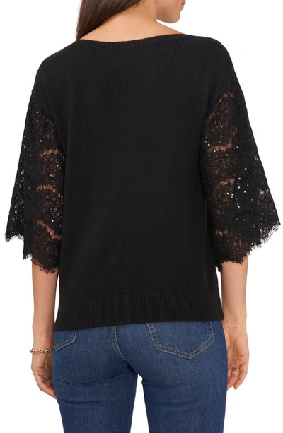 Vince Camuto Sequin Lace Sleeve Mixed Media Sweater In Rich Black