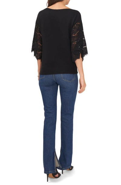 Vince Camuto Sequin Lace Sleeve Mixed Media Sweater In Rich Black