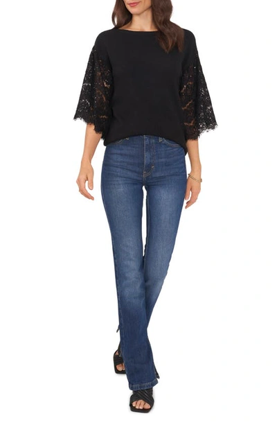 Vince Camuto Sequin Lace Sleeve Mixed Media Sweater In Rich Black