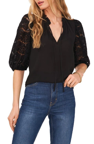 Shop Vince Camuto Ruffle Split Neck Blouse In Rich Black