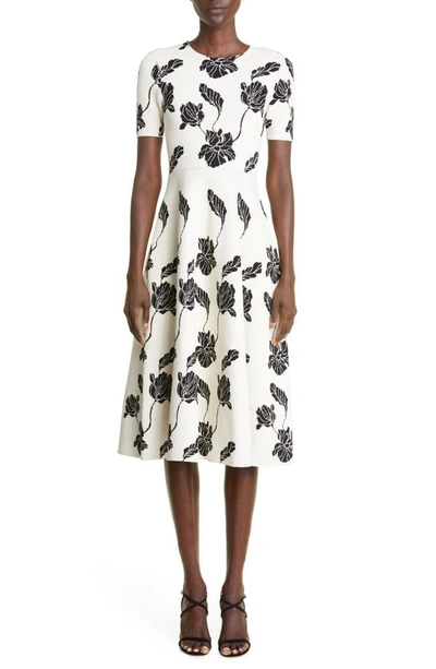 Floral Jacquard Fit & Flare Dress In Black/ecru