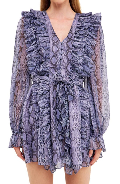Endless Rose Snakeskin Print Ruffled Button Front Dress In Purple Multi