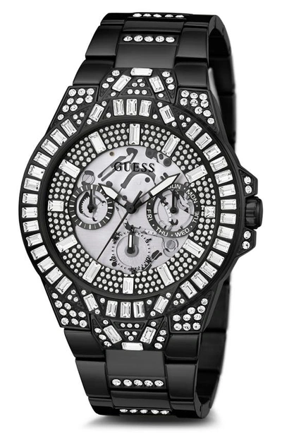 Shop Guess Multifunction Crystal Skeleton Matte Black Bracelet Watch, 44mm In Black/black/black