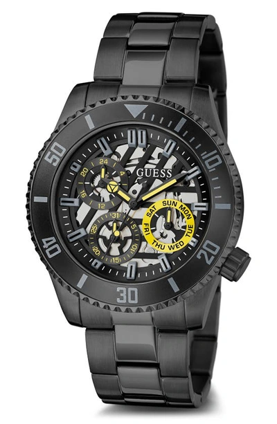 Shop Guess Multifunction Skeleton Bracelet Watch, 45mm In Black/black/black