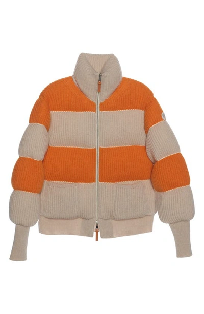Shop Moncler Genius Stripe Knit Down Cardigan In Orange Cream