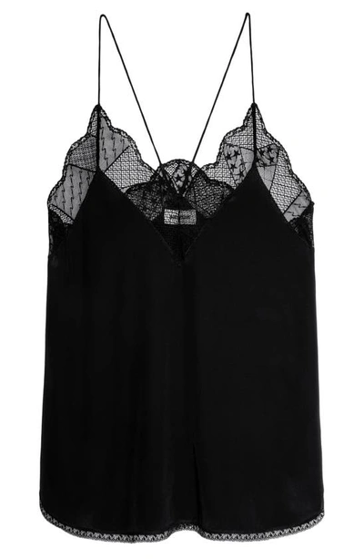 Shop Zadig & Voltaire Christy Lace Racerback Silk Camisole In Noir