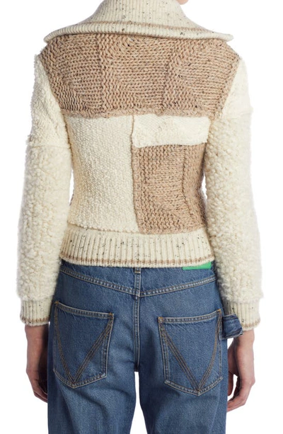Shop Bottega Veneta Mixed Stitch Zip Front Wool Sweater In Sand Melange Multi