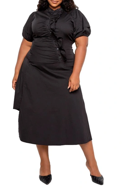 Shop Buxom Couture Asymmetric Ruffle Cotton Blend Shirtdress In Black