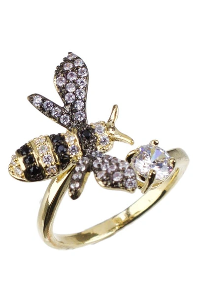 Shop Cz By Kenneth Jay Lane Pavé Cubic Zirconia Bee Adjustable Bypass Ring In Multi/gold