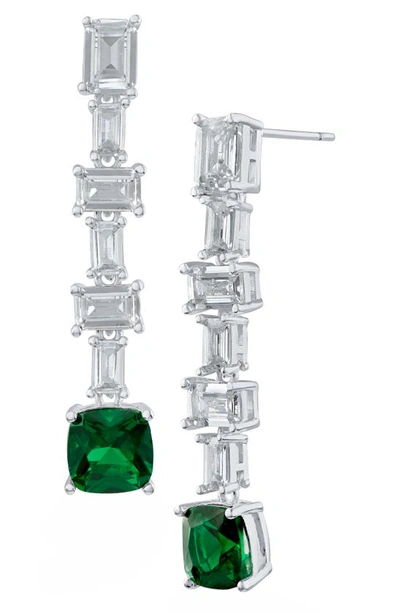 Shop Cz By Kenneth Jay Lane Cubic Zirconia Baguette Drop Earrings In Emerald/ Silver