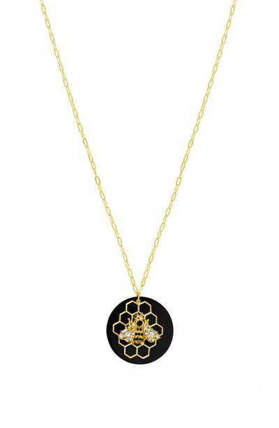 Shop Cz By Kenneth Jay Lane Cubic Zirconia Bee & Honeycomb Pendant Necklace In Black/ Gold