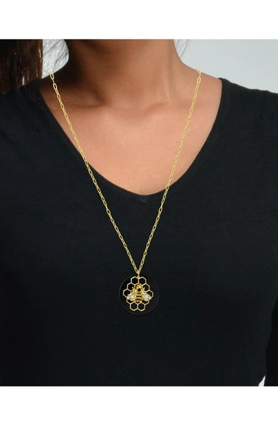 Shop Cz By Kenneth Jay Lane Cubic Zirconia Bee & Honeycomb Pendant Necklace In Black/ Gold