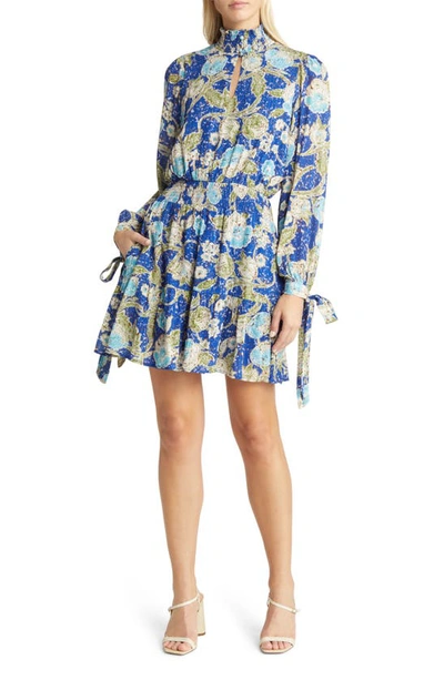 Shop Btfl-life Amaya Floral High Neck Long Sleeve Dress In Blue