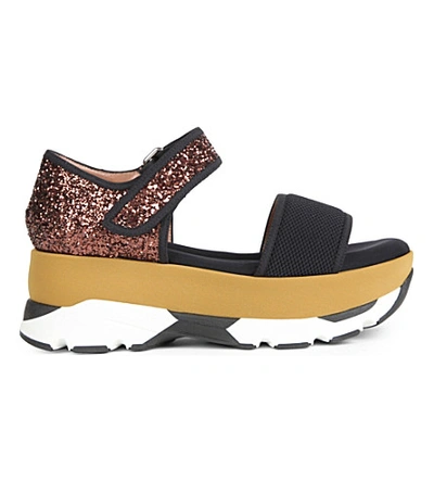 Marni Strap-fastened Glitter And Mesh Paltform Sandals In Carbone+coffee