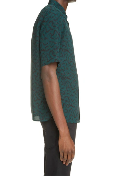 Shop Saint Laurent Leopard Print Short Sleeve Silk Button-up Shirt In Vert Noir