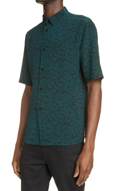 Shop Saint Laurent Leopard Print Short Sleeve Silk Button-up Shirt In Vert Noir