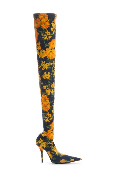 Shop Balenciaga Knife Floral Over-the-knee Boot In Yellow/ Navy